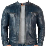 Leather Vintage Jacket Blue For Men