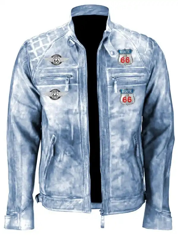 Men Blue Vintage Motorcycle Distressed Route 66 Leather Jacket
