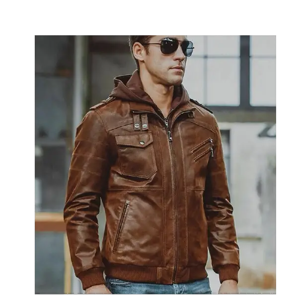 Men Distressed Brown Leather Motorcycle Jacket with Removable Hood