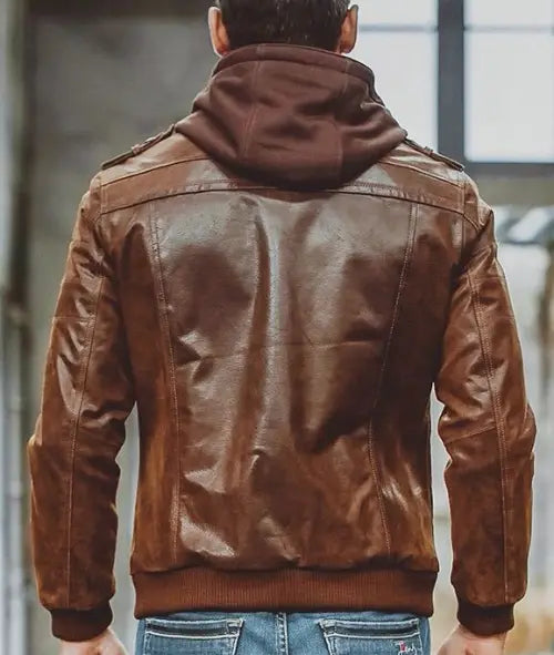 Men Distressed Brown Leather Motorcycle Jacket with Removable Hood