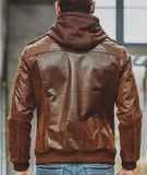 Men Distressed Brown Leather Motorcycle Jacket with Removable Hood