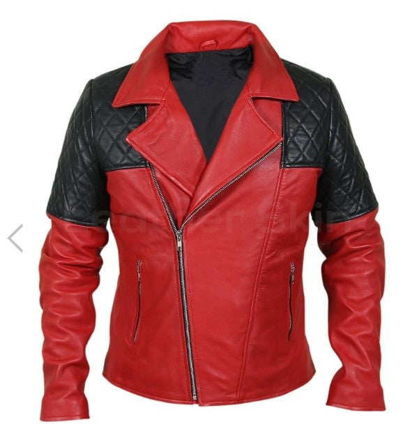 Men Red Genuine Leather Jacket With Black Diamond
