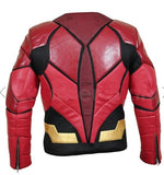 Men Red Motorcycle Biker Collarless Genuine Leather Jacket