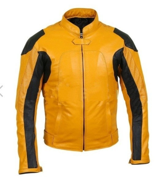 Men Yellow Biker Motorcycle Leather Jacket With Perforations