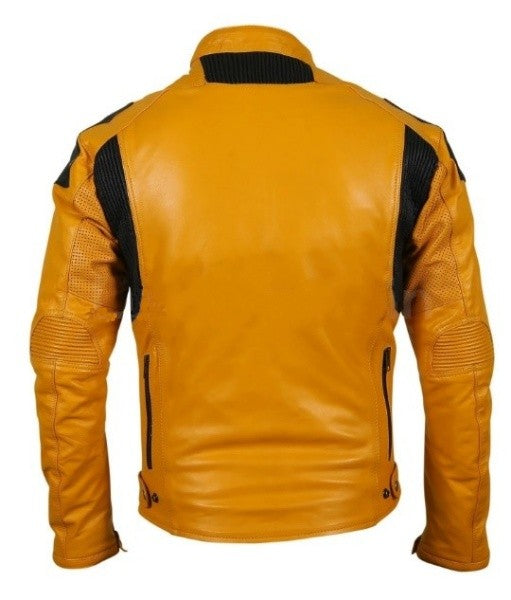 Men Yellow Biker Motorcycle Leather Jacket With Perforations