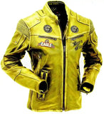 Men Yellow Vintage Biker Cafe Racer American Eagle Leather Jacket