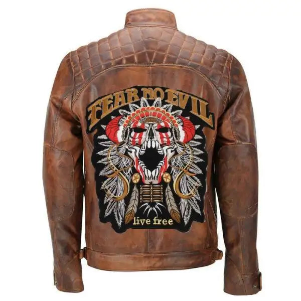 Mens Cafe Racer Brown Fear No Evil Motorcycle Biker Leather Jacket