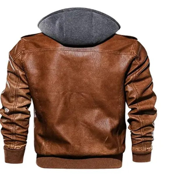 Men’s Biker Retro Leather Jacket Zip-UP Stand Collar with Removable Hood