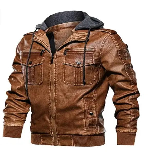 Men’s Biker Retro Leather Jacket Zip-UP Stand Collar with Removable Hood