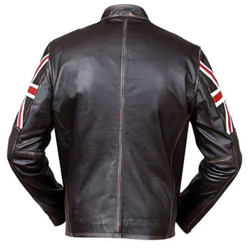 Mens Biker Vintage Distressed Brown Union Jack Cafe Racer Leather Jacket BNWT