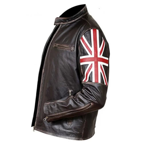 Mens Biker Vintage Distressed Brown Union Jack Cafe Racer Leather Jacket BNWT