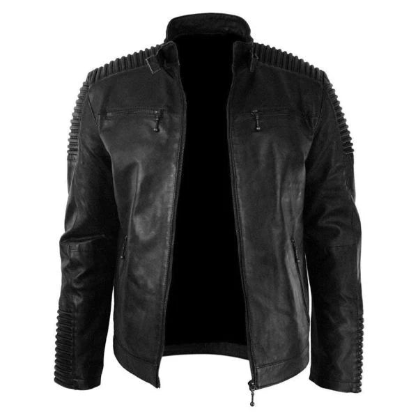 Men’s Biker Vintage Motorcycle Black Cafe Racer Leather Jacket with Skull NEW