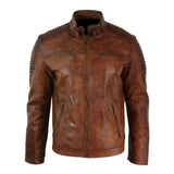 Mens Cafe Racer Brown Retro Style Motorcycle Biker Leather Jacket