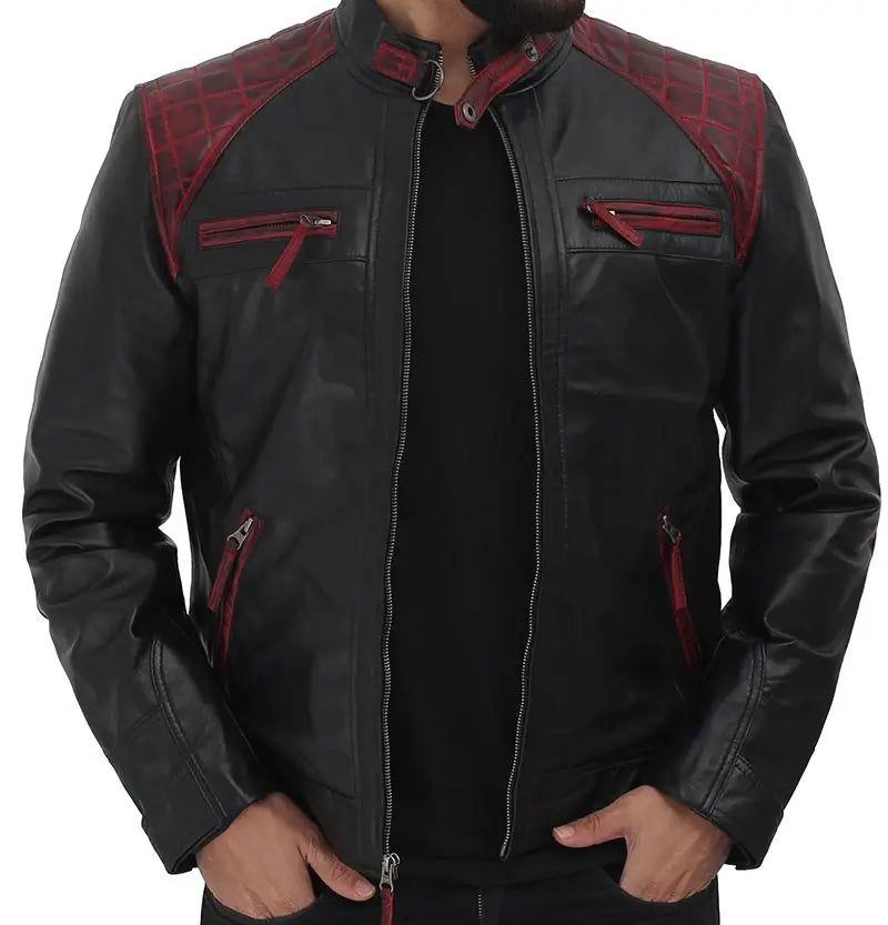 Mens Black and Maroon Cafe Racer Leather Jacket