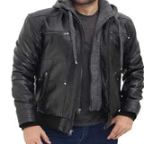 Mens Black bomber leather jacket with hood