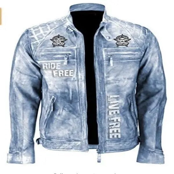 Men’s Blue Biker Retro Vintage Motorcycle Racer Danger Bone Leather Jacket