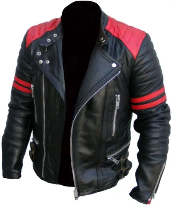 Men’s Brando Classic Biker Red and Black Vintage Motorcycle Real Leather Jacket