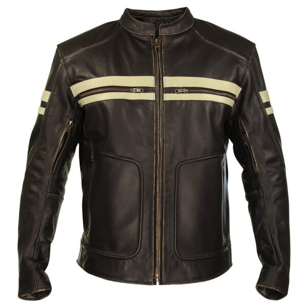 Mens Biker Motorcycle Brown And White Leather Jacket