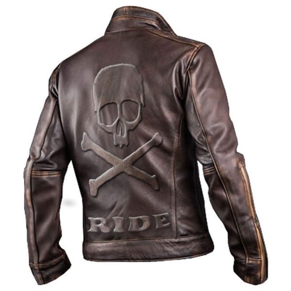 Men’s Cafe Racer Biker Distressed Brown Leather Jacket with Embossed Skull and Bones