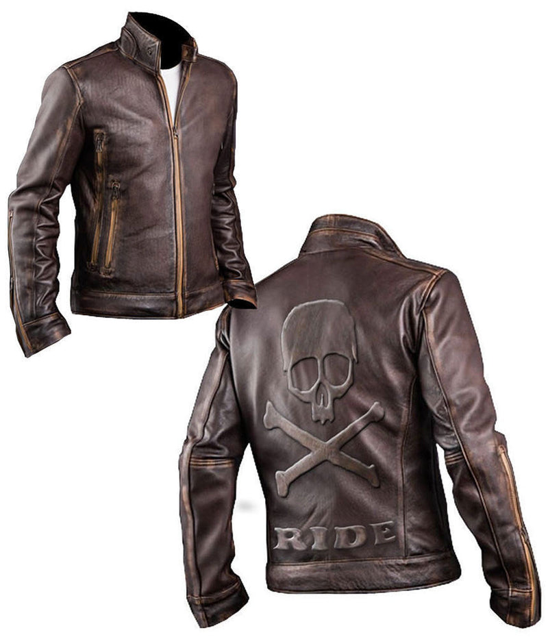 Men’s Cafe Racer Biker Distressed Brown Leather Jacket with Embossed Skull and Bones