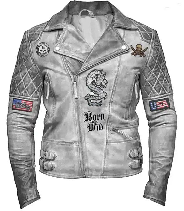 Men White Classic Biker Motorcycle Cafe Racer American Eagle Leather Jacket