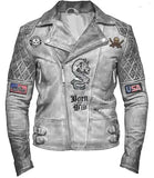Men White Classic Biker Motorcycle Cafe Racer American Eagle Leather Jacket