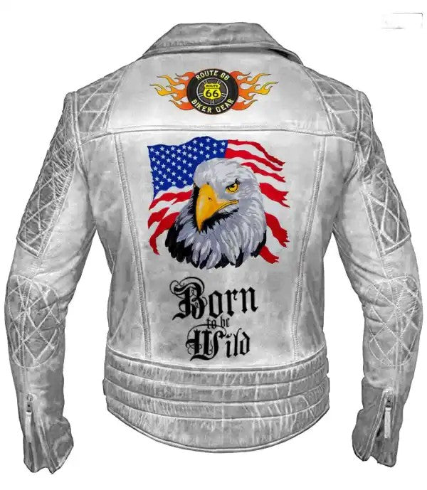Men White Classic Biker Motorcycle Cafe Racer American Eagle Leather Jacket