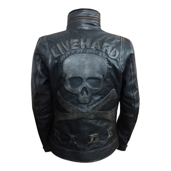Mens Distressed Leather Black Live Hard Biker Motorcycle Jacket