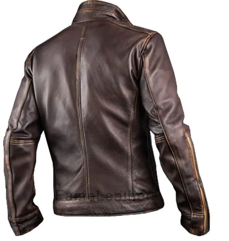 Men’s Genuine Leather Jacket Distressed Cafe Racer Biker Style Brown