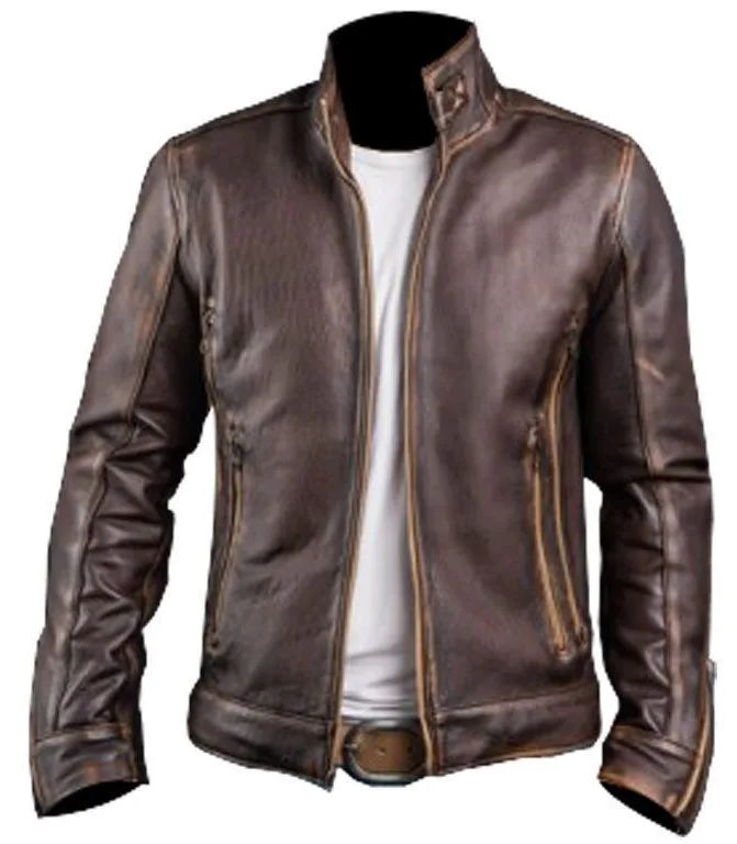 Men’s Genuine Leather Jacket Distressed Cafe Racer Biker Style Brown