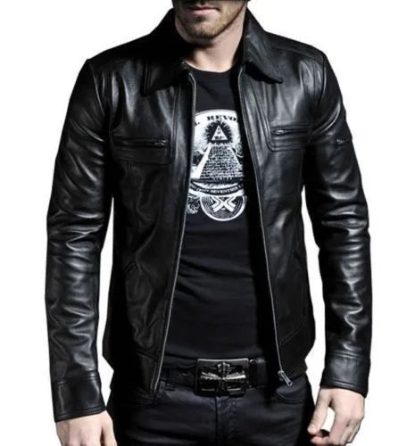 Men’s Genuine Real Leather Motorcycle Style Fashion Slim Fit Biker Jacket
