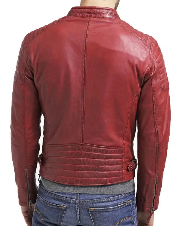 Men’s Red Biker Fashion Quilted Motorcycle Cafe Racer Genuine Leather Jacket