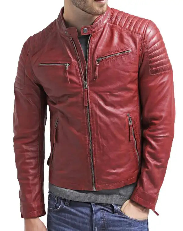 Men’s Red Biker Fashion Quilted Motorcycle Cafe Racer Genuine Leather Jacket