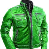 Mens Green Cafe Racer Biker Motorcycle Retro Genuine Leather Jacket