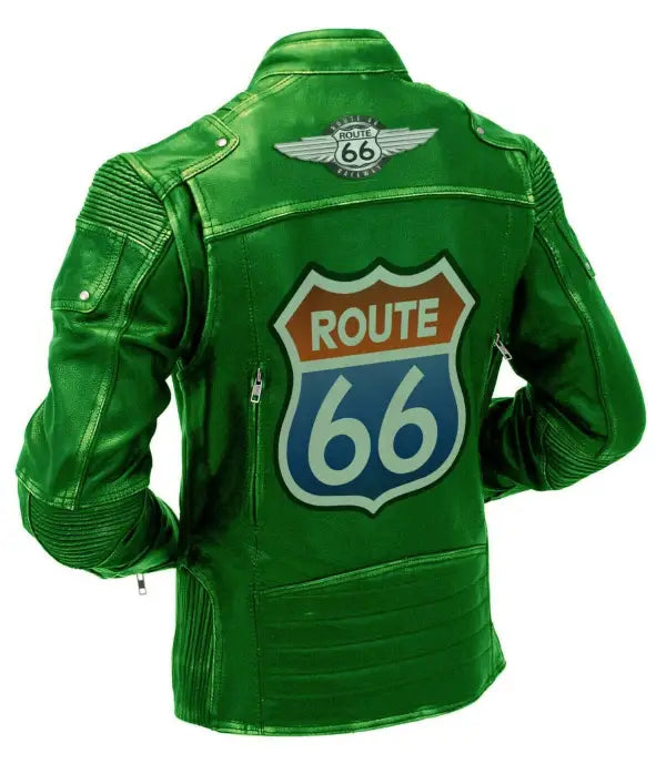 Mens Green Vintage Biker Motorcycle Distressed Leather Jacket Route 66