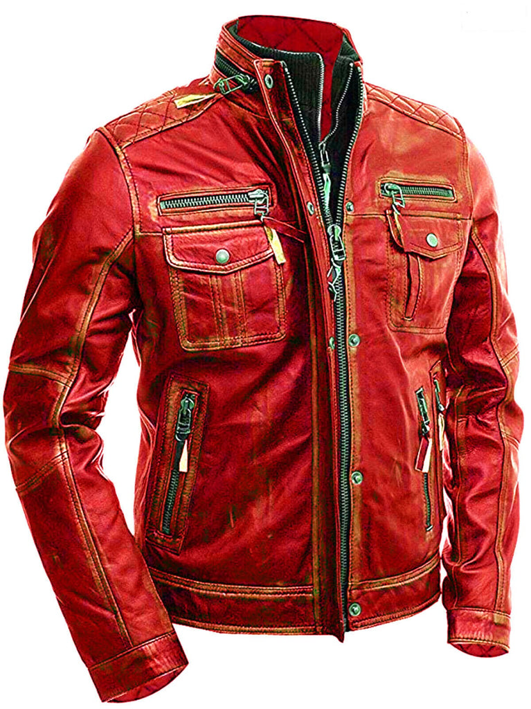 Mens Cafe Racer Biker Motorcycle Retro Distressed Genuine Leather Jacket