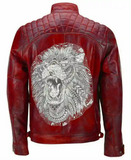 Men Red Vintage Rider Distressed Lion Leather Jacket