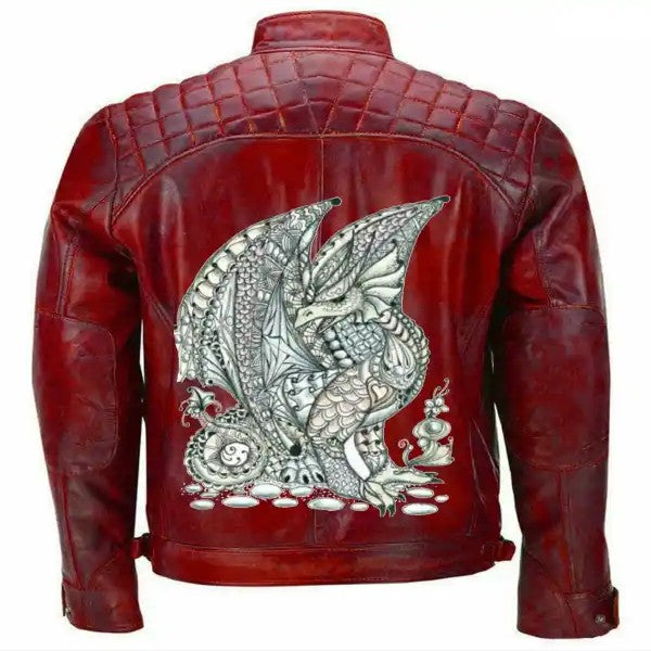 Men Red Vintage Rider Distressed Dragon Leather Jacket