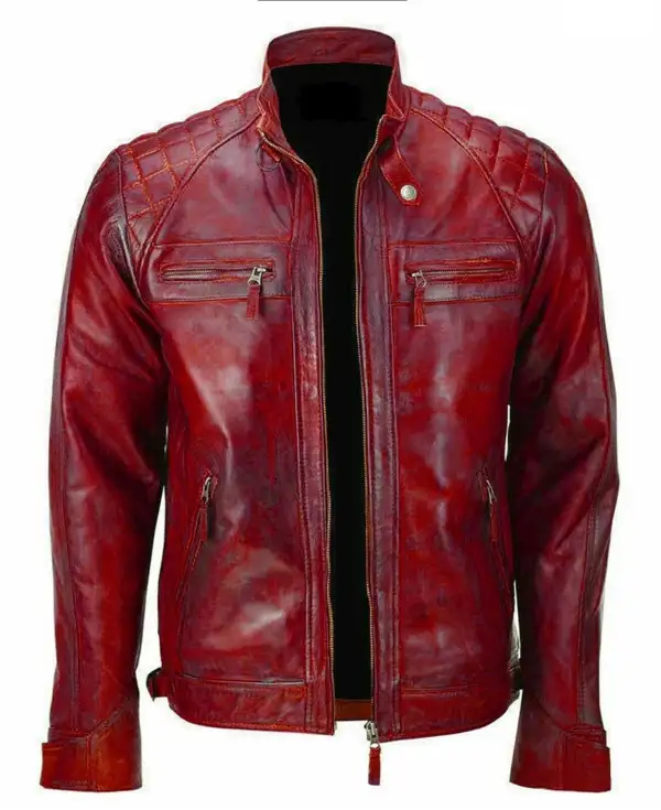 Men Red Vintage Rider Distressed Lion Leather Jacket