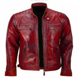 Men Red Vintage Rider Distressed Dragon Leather Jacket