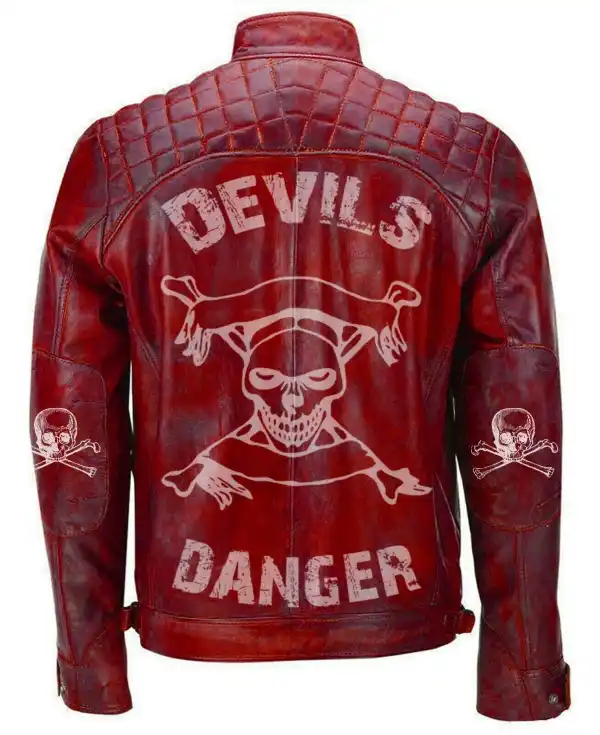 Men Red Devil Design Vintage Biker Motorcycle Distressed Leather Jacket