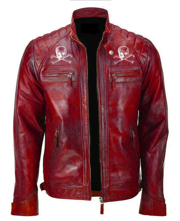 Men Red Devil Design Vintage Biker Motorcycle Distressed Leather Jacket