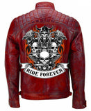 Mens Red Ride Forever Cafe Racer Vintage Style Motorcycle Biker Leather Jacket
