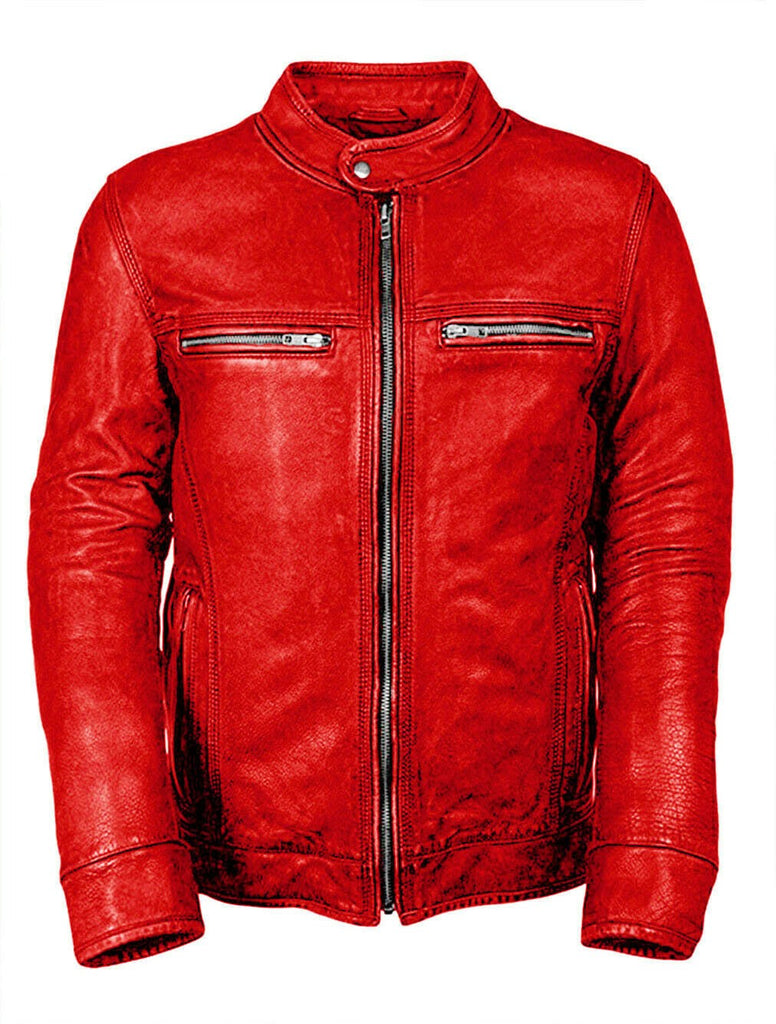 Red Vintage Biker Motorcycle Leather Jacket For Men
