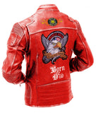 Mens Red Vintage Born Wild Motorcycle Distressed  Leather Jacket