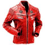 Mens Red Vintage Born Wild Motorcycle Distressed  Leather Jacket