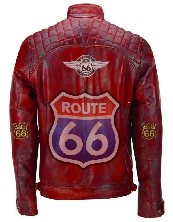 Men Red Vintage Biker Motorcycle Distressed Route 66 Leather Jacket