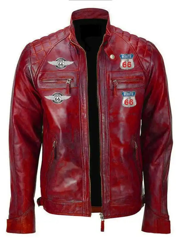 Men Red Vintage Biker Motorcycle Distressed Route 66 Leather Jacket