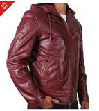 Men’s Stylish Look Burgundy Leather Hooded Jacket