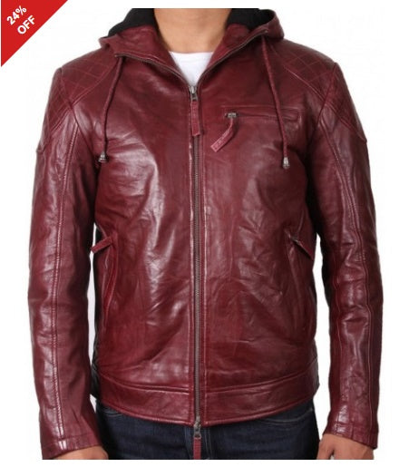 Men’s Stylish Look Burgundy Leather Hooded Jacket
